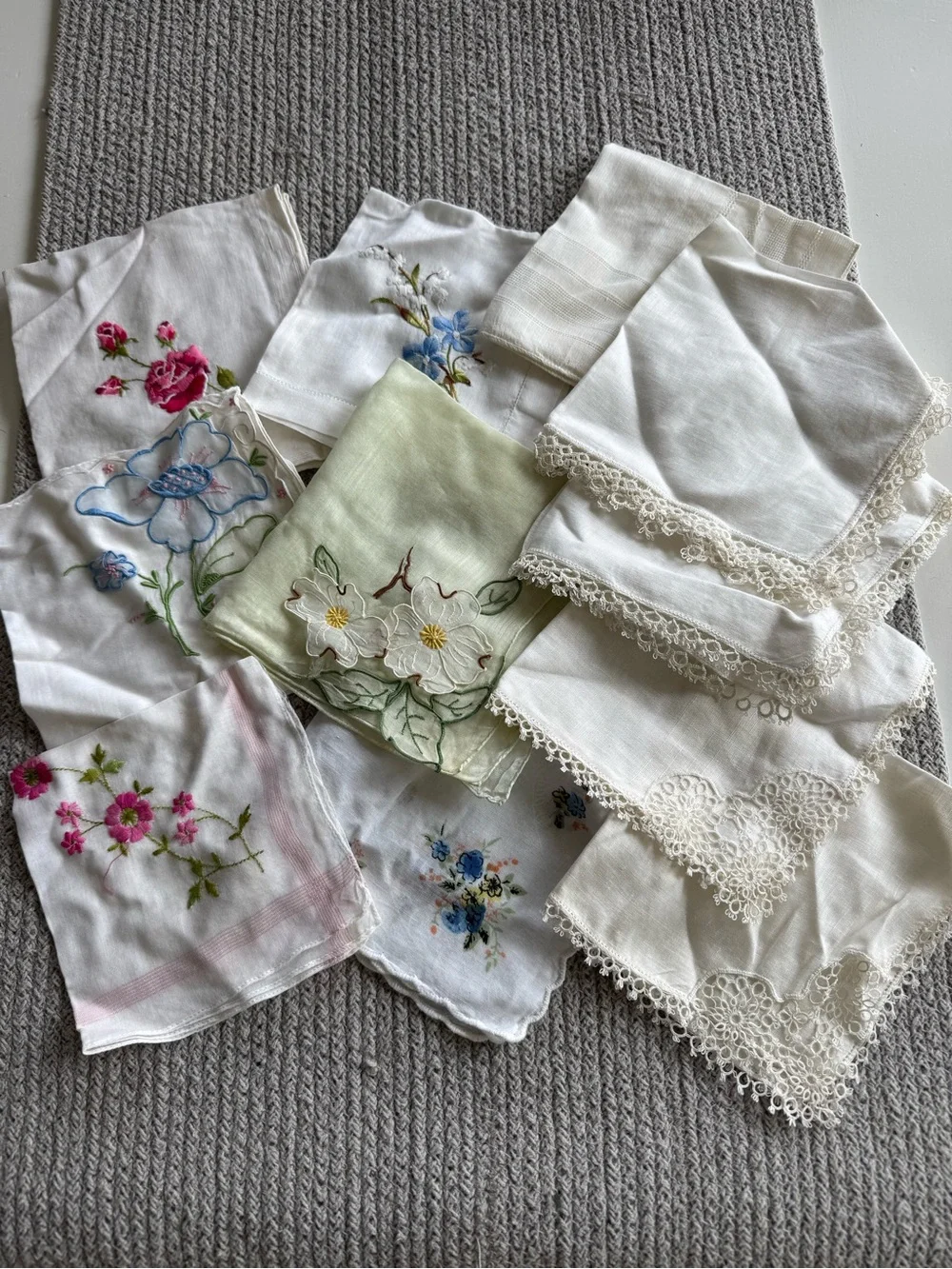 Vintage Set of 12 Floral Embroidered White Ivory Floral Linen Cotton Napkins